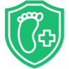 Icon of foot health protection with a foot and medical cross inside a shield.