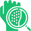 Green glove with a magnifying glass showing a textured surface.