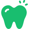 Green tooth icon with sparkles symbolizing dental health.