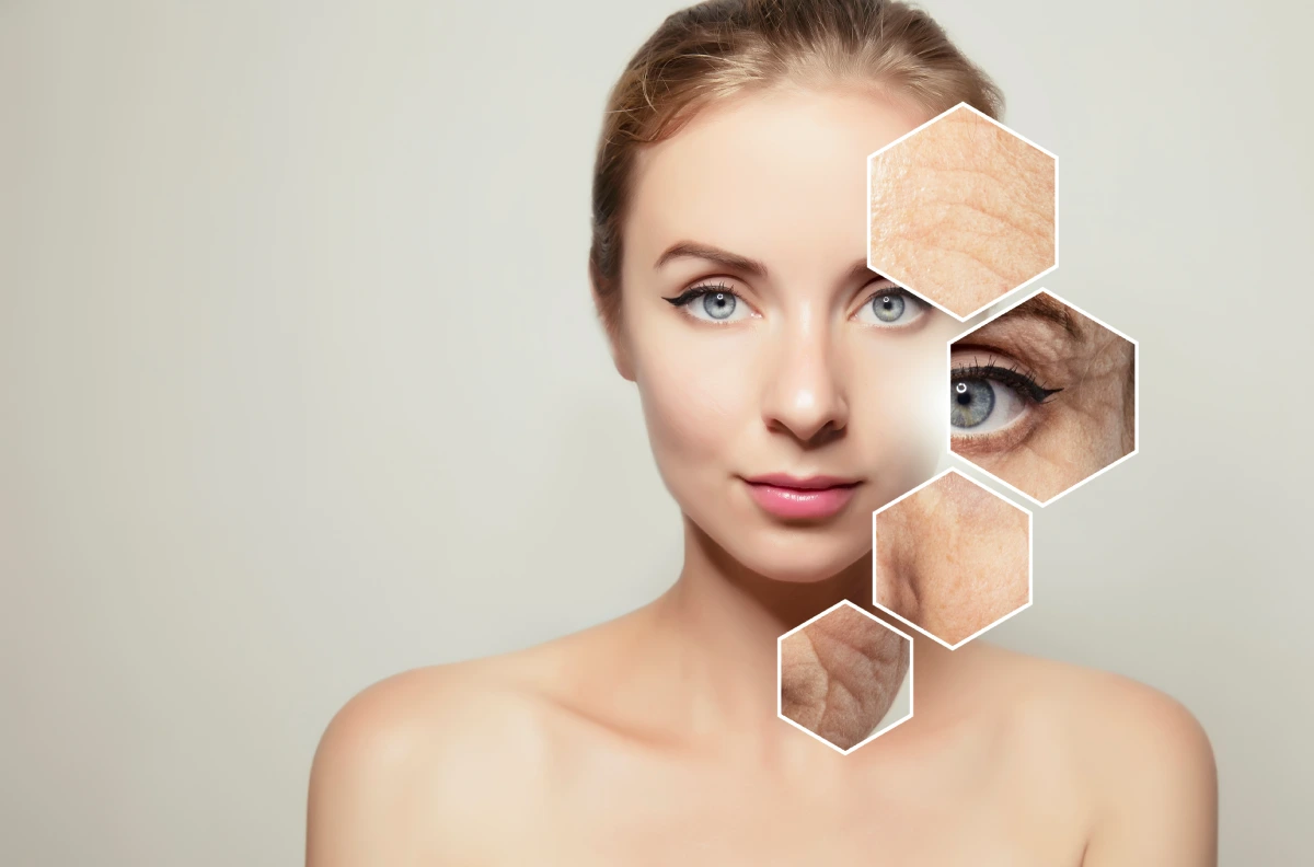 Woman showing skin texture comparison with hexagonal overlays.