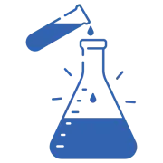 Blue chemistry flask being filled from a tilted bottle.