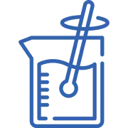 Blue icon of a chemical beaker with stirring rod inside.