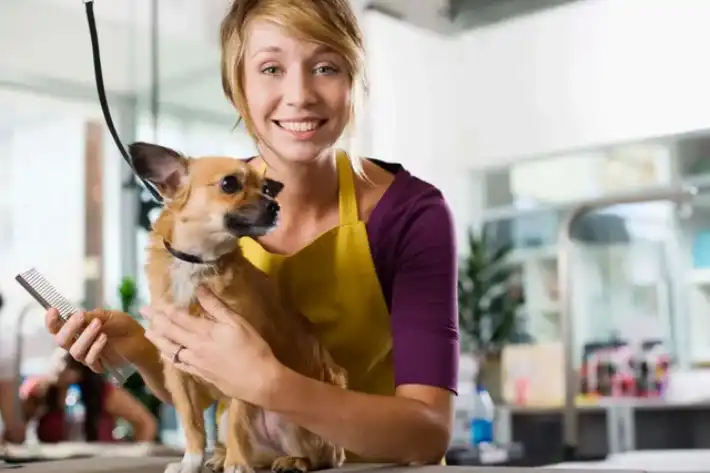 Smiling woman in an apron holding a small dog indoors.