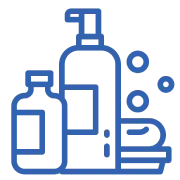 Line art of skincare bottles and soap bars.