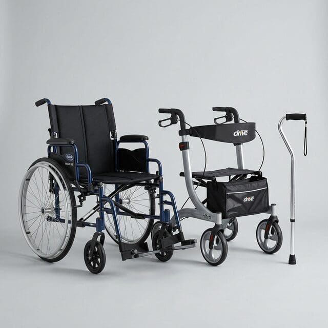 A black wheelchair and a black walker with a seat and storage bag side by side.
