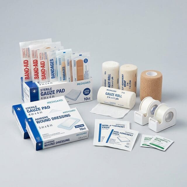 A collection of first aid supplies including bandages, antiseptic wipes, and gauze.